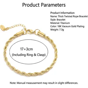 Minimalist 18K gold plated stainless steel twisted rope chain bracelet with lobster clasp