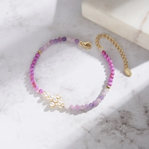 S925 silver beaded bracelet with natural lilac stones and freshwater pearl cross