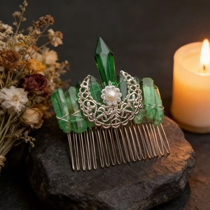 Detail of green crystal moon hair comb with beads on dark rock under candlelight