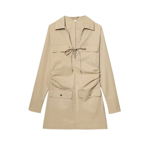 Vestido Camisero De Manga Larga Caqui Estilo Cargo Fruncido Con Cordón Cuello De Solapa Elegante Vestido Mini Para Mujer