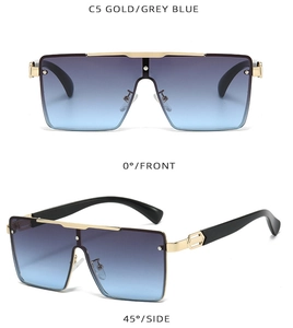 Front and side views of gold square sunglasses with grey blue gradient lenses