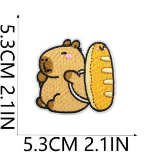 Detail view of a cute capybara embroidery patch with dimensions of 5.3cm or 2.1 inches