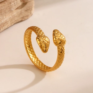 Vintage golden double-headed snake wrap ring with scale textures for women