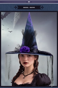 Détail du chapeau de sorcière gothique avec fleurs violettes, plumes et voile noir