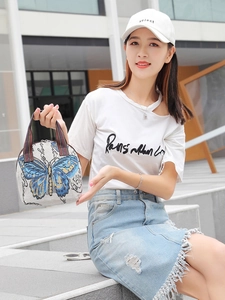 Ethnic style mini handbag with butterfly embroidery and colorful rainbow handles