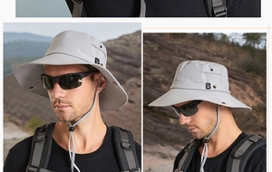 Détails du chapeau de soleil gris clair avec large bord, cordon réglable et tissu aéré
