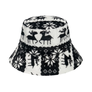 Winter plush bucket hat with reindeer and snowflake pattern in black and white