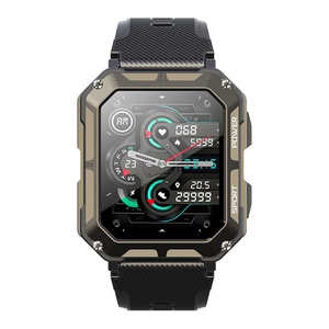 Rugged C20PRO smartwatch with black textured silicone strap showing heart rate and steps