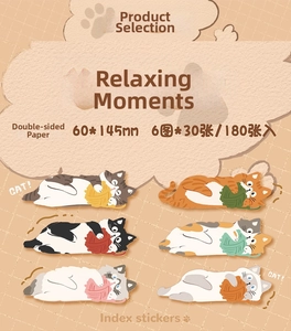 Detail showing 6 cute cat illustrations on index stickers for classroom notebooks