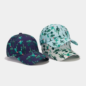 Three cactus print baseball caps in blue and white canvas with curved brim for sun protection