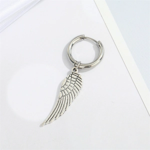 Vintage punk stainless steel earring with leaf wing pendant in oxidized silver finish