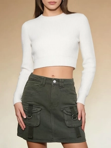 Women Cotton Denim Cargo Mini Skirt High Waisted Slim Fit Multi Pocket Streetwear Y2K Fashion A-Line Casual Solid Color