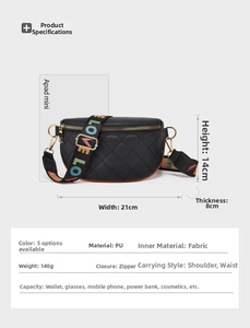 Black quilted waist bag dimensions 21x14x8cm compared with iPad mini for size reference