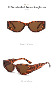 Front and side view of retro cat-eye sunglasses with tortoiseshell frames and brown lenses