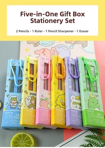 Close-up of 5-in-1 stationery gift sets including pencils, ruler, sharpener and eraser