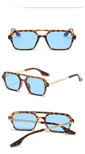 Detailed views of tortoiseshell square sunglasses with blue lenses and double bridge