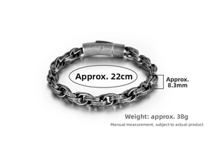 Detail showing vintage steel link bracelet with 22cm length and 8.3mm width measurements