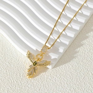 Golden phoenix wing necklace with green emerald teardrop and micro-set zircon accents
