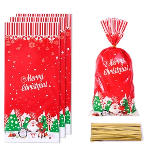 Christmas candy bags featuring Santa Claus and reindeer patterns with gold twist ties
