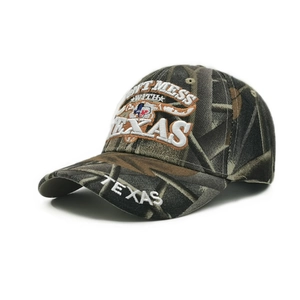 Classic camouflage baseball cap featuring Don't Mess With Texas 3D embroidery on crown