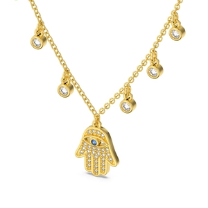 Collier Main de Fatima en argent S925 doré avec œil bleu et zircons étincelants