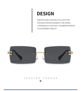 Detailed view of rimless square sunglasses with grey gradient lenses and gold C-decor