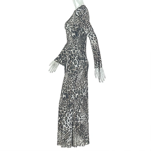 Detail of side silhouette on slim fit leopard print dress with lace-up sleeve ties