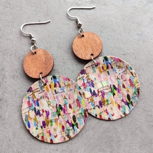 Bohemian geometric cork drop earrings with colorful hand-painted art patterns and wood