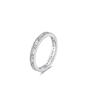 Bague en argent sterling S925 avec bords perlés et pierres de zircon minimalistes