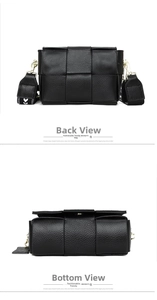 Detail of woven black leather handbag showing textured back, bottom and metal hardware