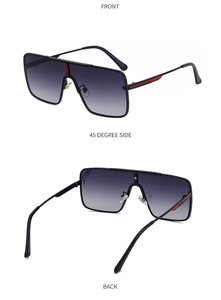 Three-view layout of large square sunglasses showing metal frame and red-black temple details