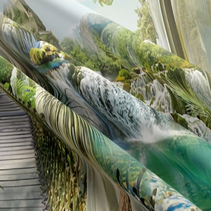 Detail shot of high-density polyester fabric with digital printed jungle waterfall