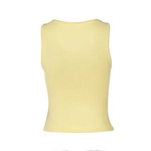 Vista posteriore del top corto giallo chiaro senza maniche in maglia per donna alla moda