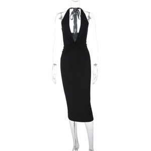 Detail of black halter dress with deep V-neck and slim fit backless design on a mannequin