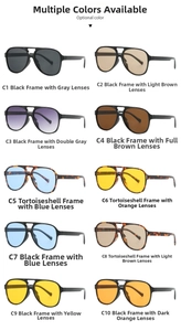 Multiple color options for retro double-bridge pilot sunglasses in various lens tints