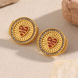 18K gold plated stainless steel heart stud earrings with red inlay and cubic zirconia
