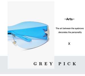 Detail of blue frameless sunglasses with silver star rivets and transparent temples