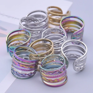 Adjustable minimalist 304 stainless steel hollow geometric rings in gold, silver, and iridescent