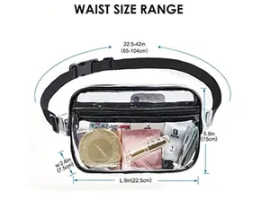 Detailed size chart of the waterproof clear PVC waist bag with adjustable strap measurements