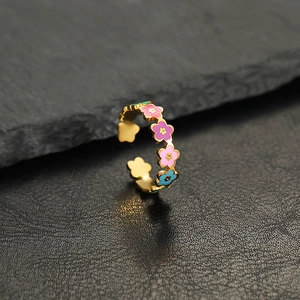 Colorful enamel flower stainless steel open ring with gold finish for women