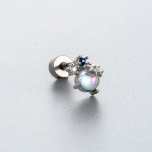 Titanium steel moonstone stud earring with rainbow gem and blue crystal accents