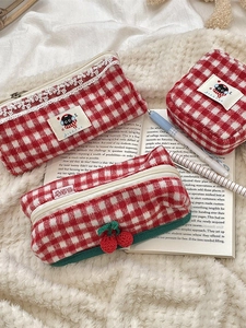 Red White Plaid Plush Makeup Bag Woolen Gingham Cosmetic Organizer With Cherry Decor And Lace Trim Portable Storage For Women