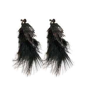 Dark gothic feather tassel earrings with black rhinestones and abstract design
