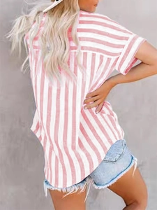 Back view of a casual pink and white vertical striped short sleeve shirt with V-neck detail