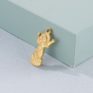 Titanium steel Virgin Mary necklace pendant with gold finish leaning on blue cube