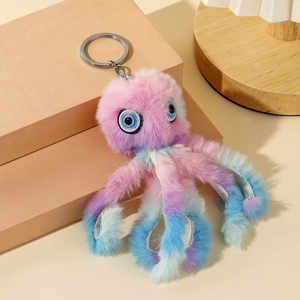 Porte-clés poulpe en peluche dégradé bleu et violet avec anneau métallique