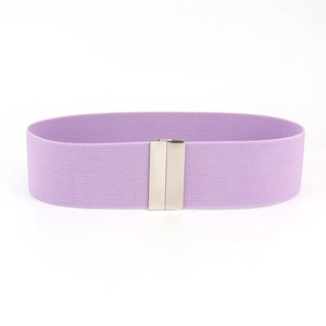 Detailed view of a purple elastic waist belt with a polished silver rectangular metal buckle