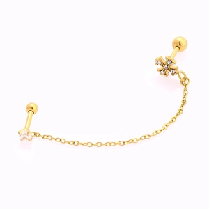 Detailed close-up of golden 316L stainless steel chain earring with zircon cross charm