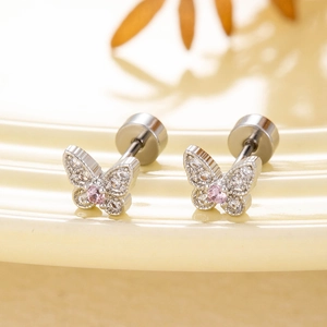 Exquisite silver butterfly stud earrings with pink and clear cubic zirconia in macro view