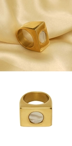 Detail of 18k gold plated stainless steel square ring with white mother of pearl inlay